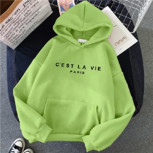 Letter Print Lazy Style Loose Hooded Sweater for Women Green