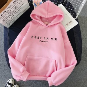 Letter Print Lazy Style Loose Hooded Sweater for Women Pink