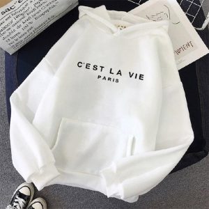 Letter Print Lazy Style Loose Hooded Sweater for Women White