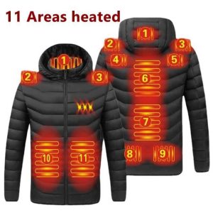 Mens Heated Jackets Electric Warmth, USB Powered Stay Cozy Outdoors 11 Areas Heated Black