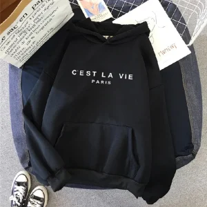 Letter Print Lazy Style Loose Hooded Sweater for Women Black
