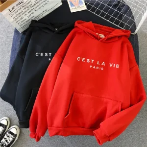 Letter Print Lazy Style Loose Hooded Sweater for Women Red