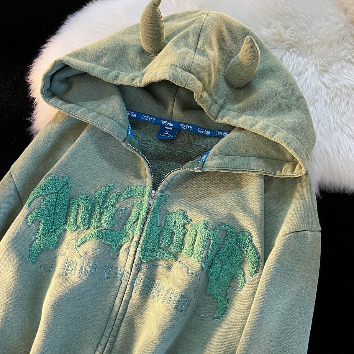 Unisex Cardigan Horn Hoodie Y2K Oversized Letter Embroidery Zip Design Green