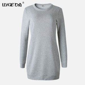 Hoodie Dresses Women O-Neck Long Sleeve Thicken Velvet Fleece for Autumn Grey