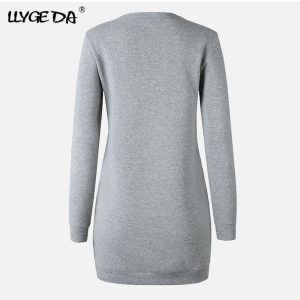 Hoodie Dresses Women O-Neck Long Sleeve Thicken Velvet Fleece for Autumn Grey