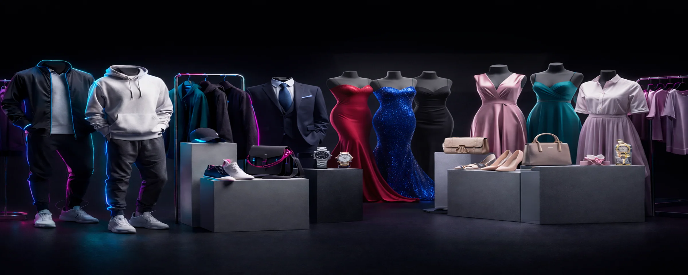 Premium fashion display featuring outfits, dresses, handbags, shoes, and suits with subtle neon rim lighting.