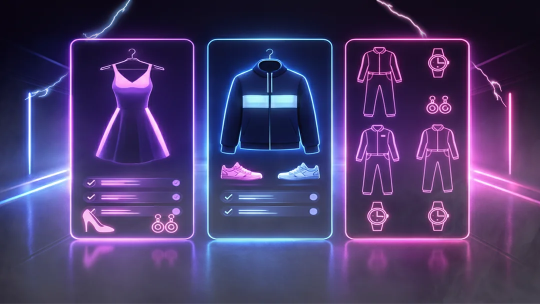 Neon-dark product comparison hero with three fashion panels, floor haze, and corner lightning accents.