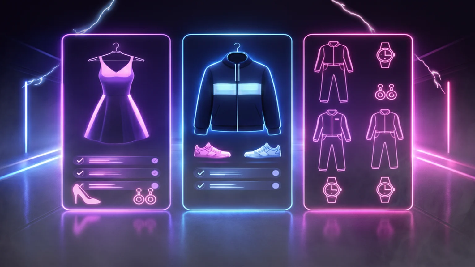 Neon-dark product comparison hero with three fashion panels, floor haze, and corner lightning accents.
