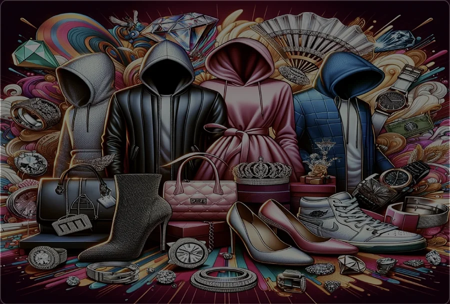 Illustration of hoodies, handbags, shoes, watches, and jewelry arranged in a colorful fashion collage for a wishlist page