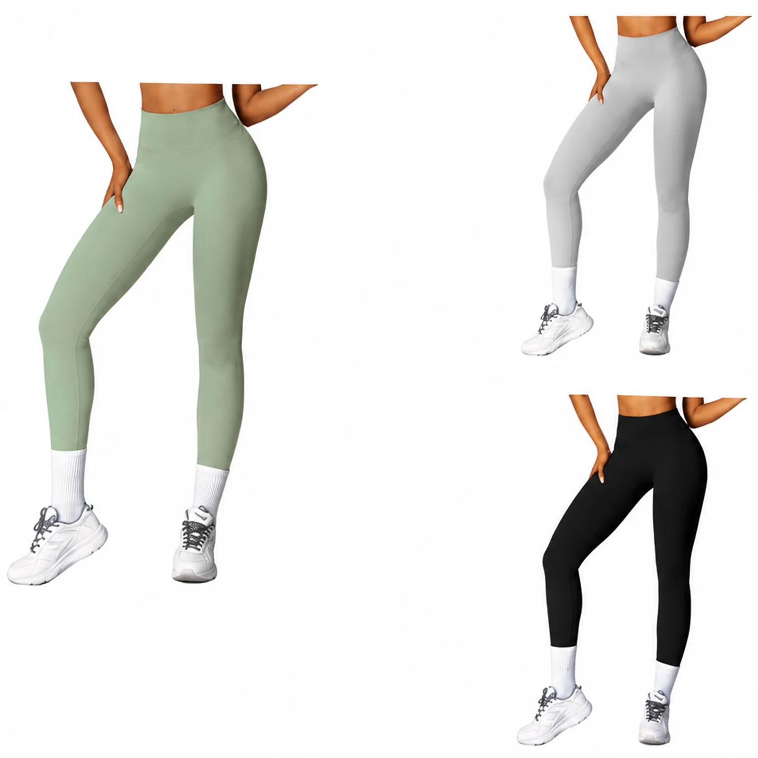 Ensemble de leggings de yoga verts, gris et noirs pour femmes avec contrôle du ventre et taille haute