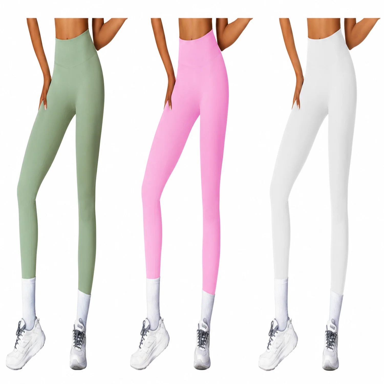 Ensemble de leggings de yoga taille haute verts, roses et gris pour les entraînements et le fitness