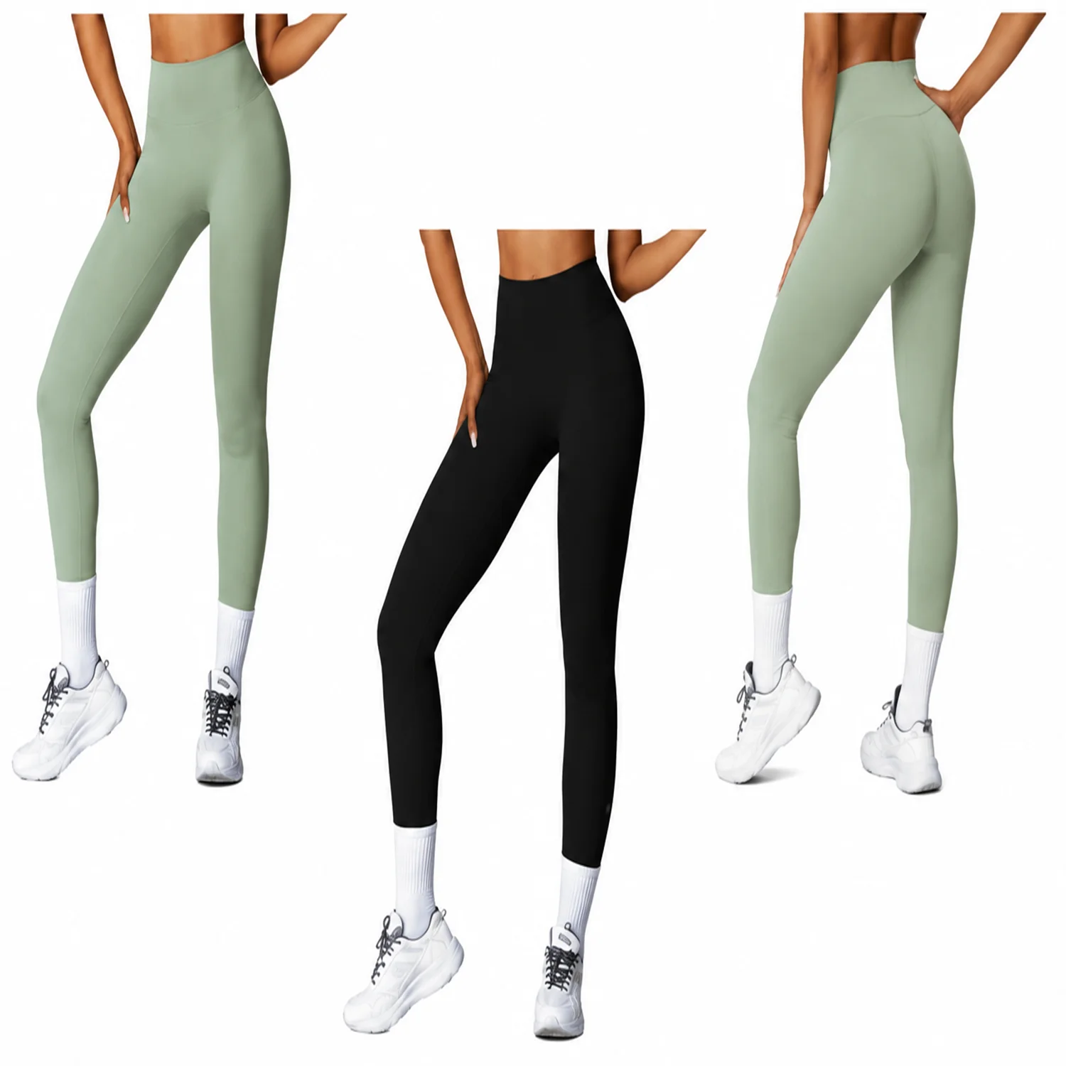 Leggings d’entraînement taille haute verts et noirs montrant la coupe avant et arrière pour le yoga et le gym