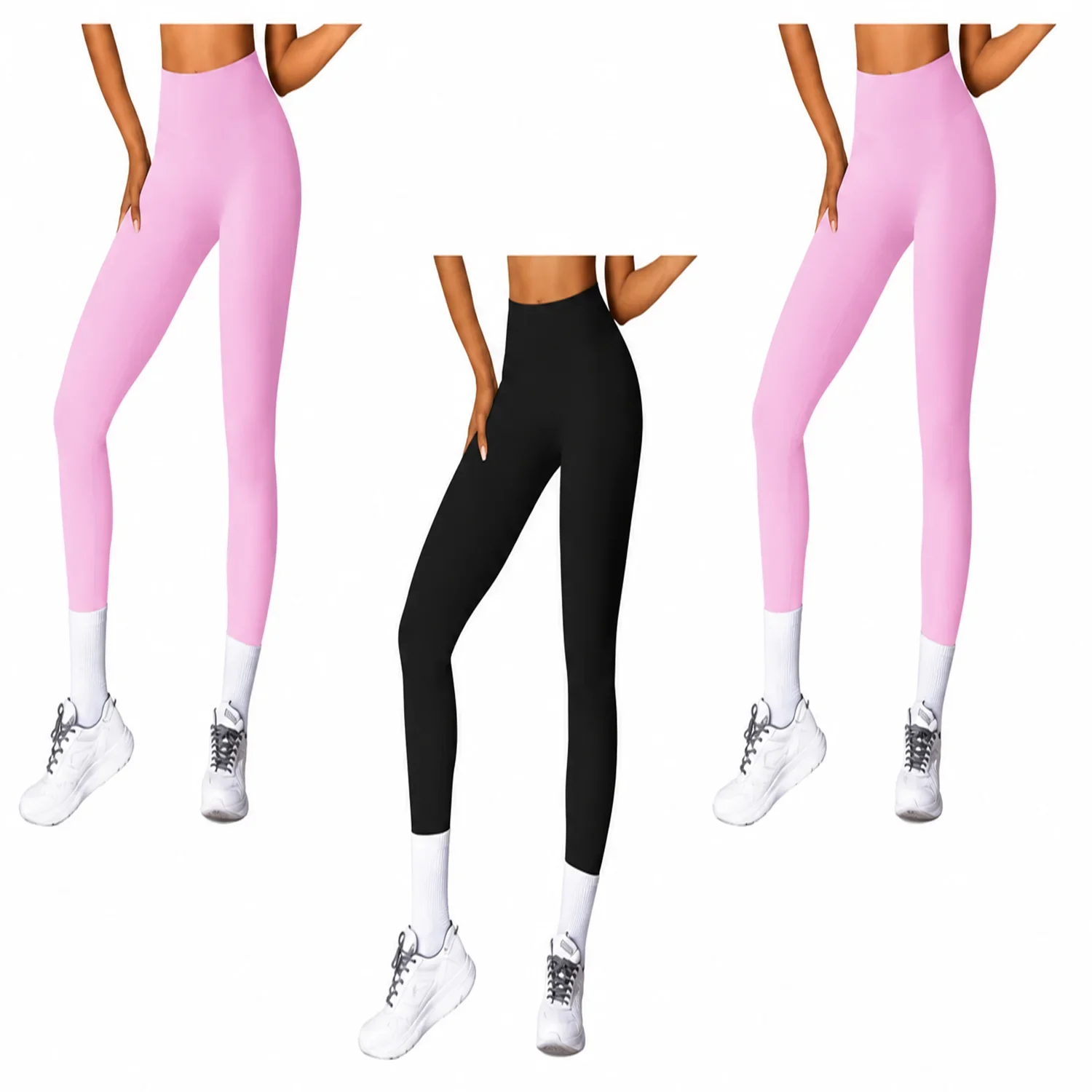 Ensemble de leggings roses et noirs taille haute avec contrôle du ventre pour le yoga, les entraînements et les tenues athlétiques